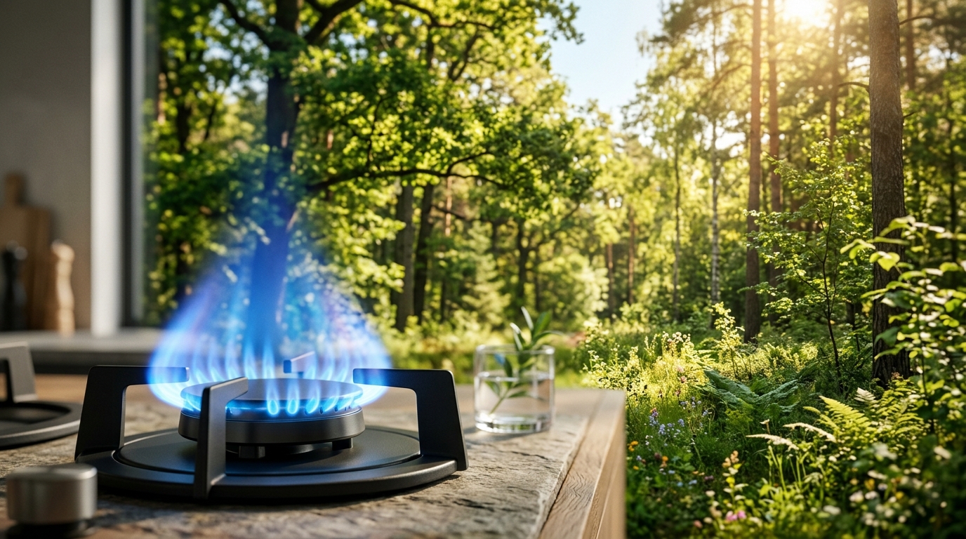 cucina esterna che affaccia nel bosco con fornello acceso